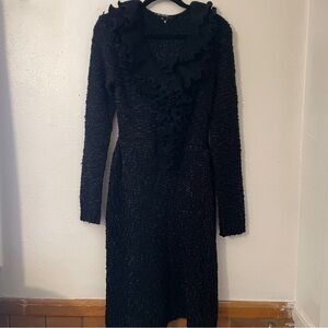 Milano Black Sweater Dress L Wool Blend Ruffle Front Knit